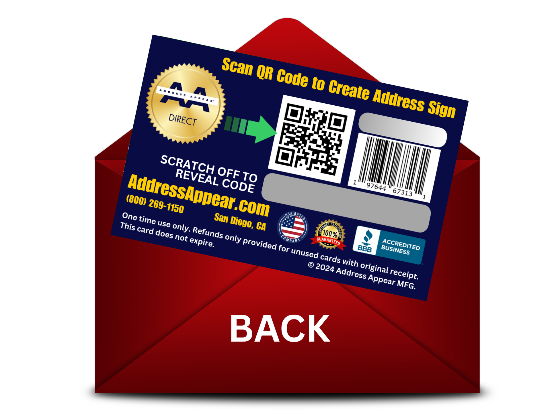 Address Appear Manufacturing reflective curb address sign gift card back with redemption instructions