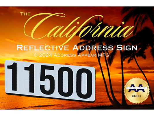 "The California" gold reflective curb address sign by Address Appear with bold 4-inch black numbers